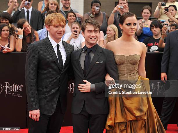 Rupert Grint, Daniel Radcliffe and Emma Watson attend the New York premiere of "Harry Potter And The Deathly Hallows: Part 2" at Avery Fisher Hall,...