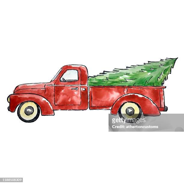 bildbanksillustrationer, clip art samt tecknat material och ikoner med christmas röd lastbil - christmas truck