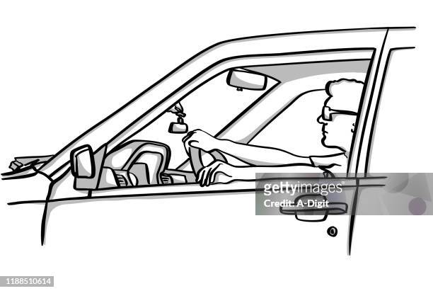 young driver close-up - man driving car stock illustrations