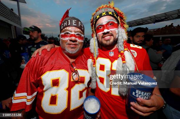 Fans of the Kansas City Chiefs pose for photos before the game against the Los Angeles Chargers at Estadio Azteca on November 18, 2019 in Mexico...