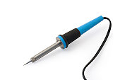 Soldering iron with a blue and black handle