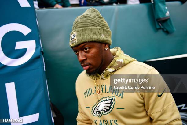 Jordan Howard of the Philadelphia Eagles walks onto the field before the game at Lincoln Financial Field on November 17, 2019 in Philadelphia,...