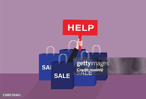 Help Shop Sign Businessman With Help Sign In A Lot Of Shopping Bag High-Res Vector ...