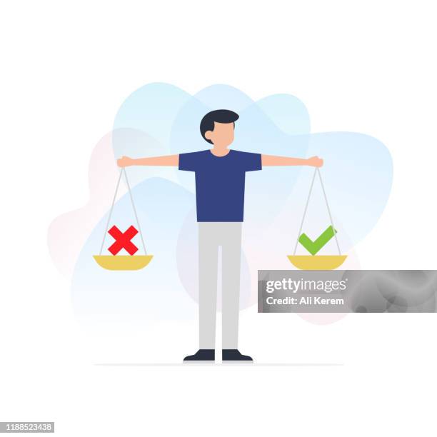 illustrations, cliparts, dessins animés et icônes de homme équilibrant la croix et le symbole de tique - responsibility cartoon
