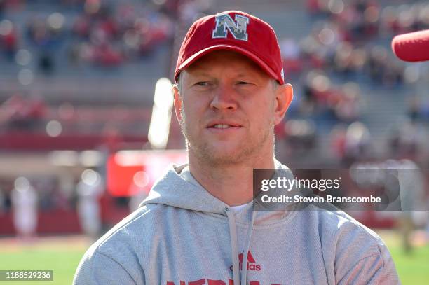 Head coach Scott Frost of the Nebraska Cornhuskers watches action before the game against the Wisconsin Badgers at Memorial Stadium on November 16,...