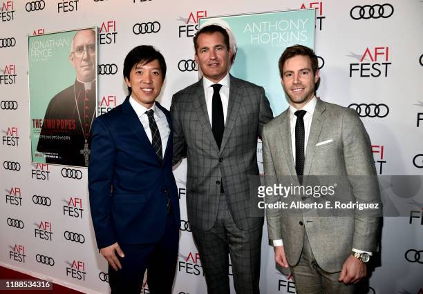 Dan Lin, Scott Stuber and Jonathan Eirich attend "The Two Popes" premiere during AFI FEST 2019 presented by Audi at TCL Chinese Theatre on November...