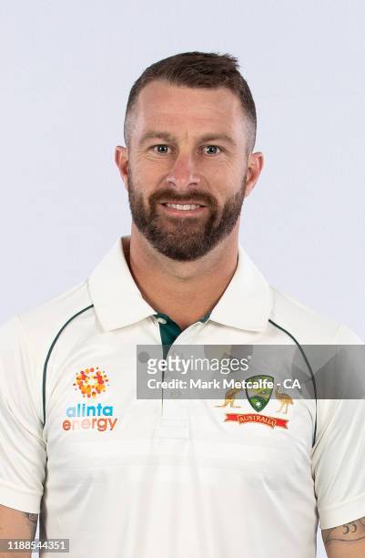 Matthew Wade poses during the Cricket Australia Men's Test Team Headshots Session on October 02, 2019 in Sydney, Australia.