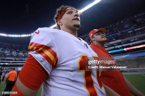 Quarterback Patrick Mahomes of the Kansas City Chiefs of the Kansas City Chiefs walks off the field after winning the game 24-17 over the Los Angeles...