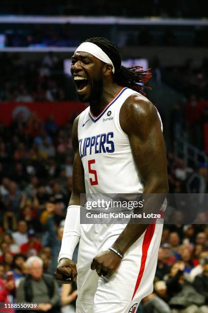 Montrezl Harrell of the Los Angeles Clippers reacts after a dunk during the second half against the Oklahoma City Thunder at Staples Center on...