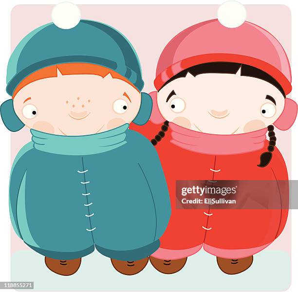 winter-freundschaft - paar in sportkleidung stock-grafiken, -clipart, -cartoons und -symbole