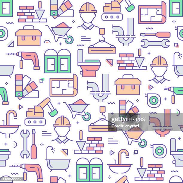 vector set of design templates and elements for construction industry in trendy linear style - seamless patterns with linear icons related to construction industry - vector - plumber tools background stock illustrations