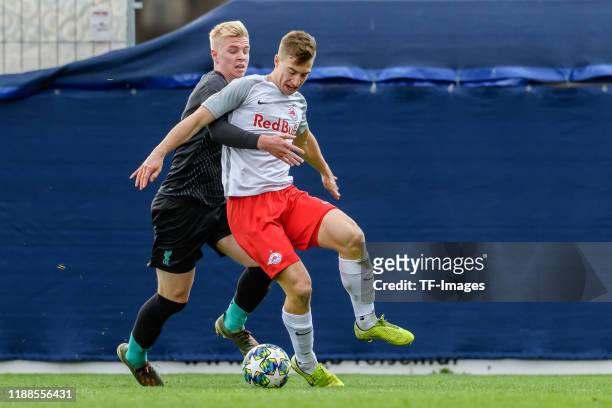 Luis Longstaff of FC Liverpool and David Affengruber of RB Salzburg battle for the ball during the UEFA Youth League match between RB Salzburg U19...
