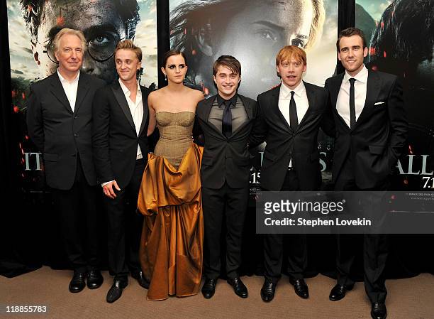 Alan Rickman, Tom Felton, Emma Watson, Daniel Radcliffe, Rupert Grint and Matthew Lewis attend the New York premiere of "Harry Potter And The Deathly...