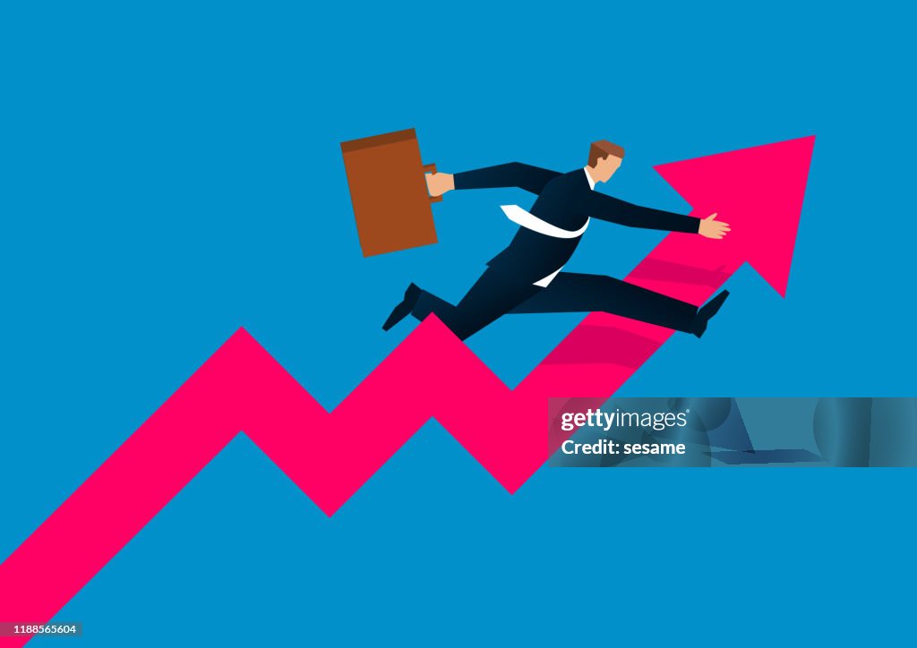 Business hurdle, businessman crossing rising arrow