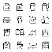 Take away food and drinks linear icons set