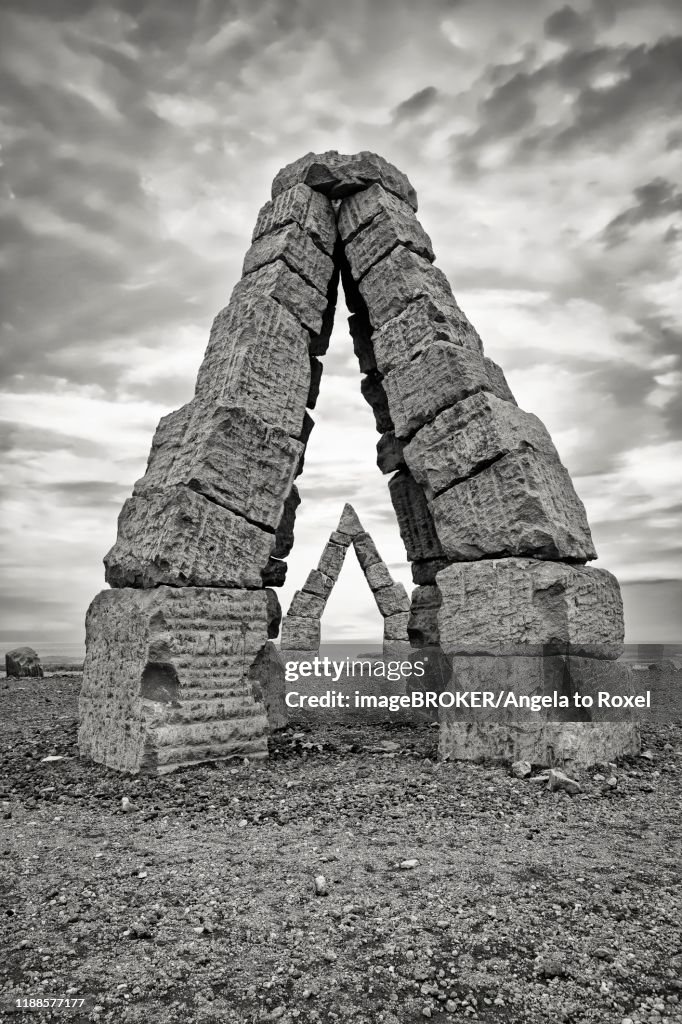 Monumental stone gates, Arctic Henge, Raufarhoefn, Melrakkasletta, North East Iceland, Iceland