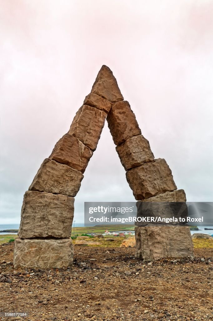 Monumental stone gate in barren landscape, Arctic Henge, Raufarhoefn, Melrakkasletta, Northeast Iceland, Iceland