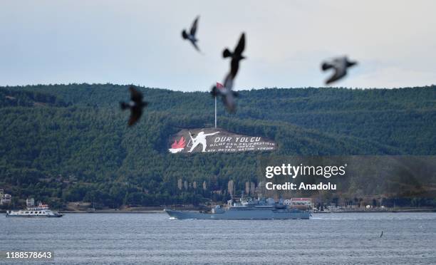 Russian military ship belonging to the Black Sea Fleet of the Russian Navy, passes through the Dardanelles strait in Canakkale, Turkey on December...