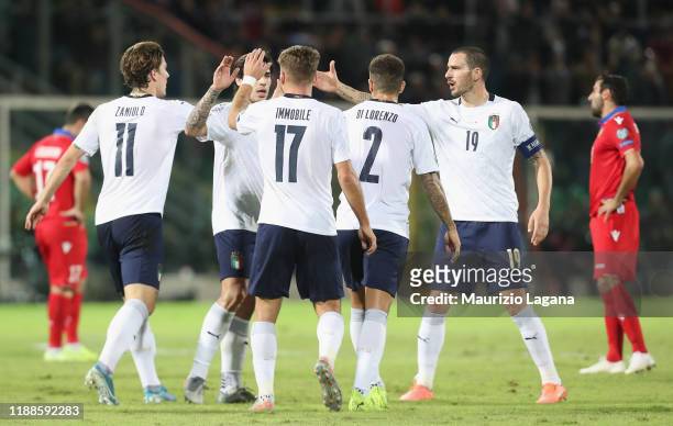 Players of Italy celebrate during the UEFA Euro 2020 Qualifier between Italy and Armenia on November 18, 2019 in Palermo, Italy.