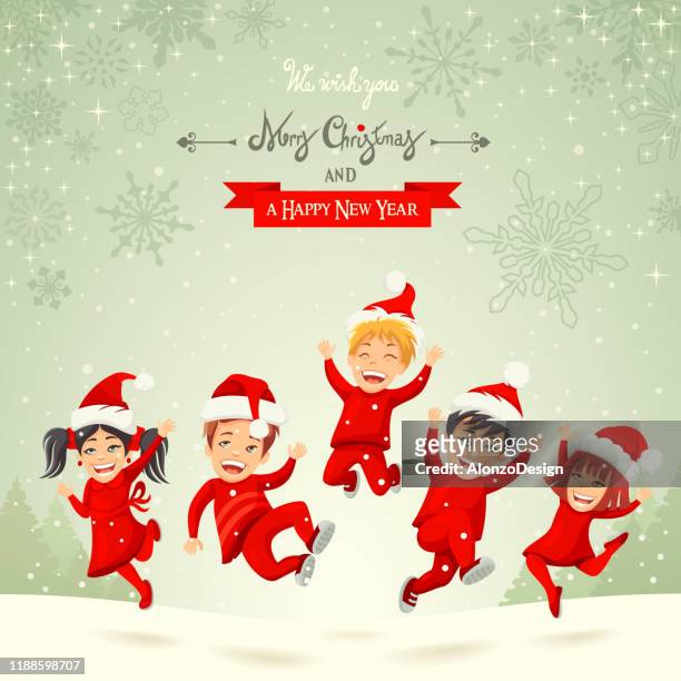 stockillustraties, clipart, cartoons en iconen met kerst happy kids - elf