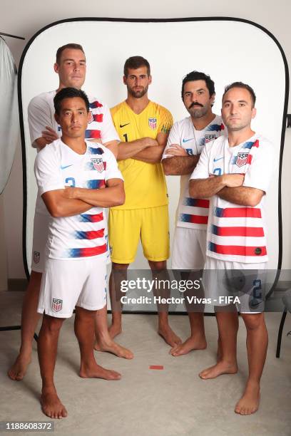 Ryan Futagaki, Nicolas Perera, Christopher Toth, Alessandro Canale and Jason Leopoldo pose during the USA team presentation prior to the FIFA Beach...