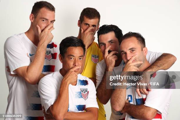 Nicolas Perera, Ryan Futagaki, Christopher Toth, Alessandro Canale and Jason Leopoldo pose during the USA team presentation prior to the FIFA Beach...