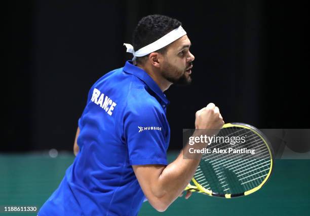 Jo-Wilfried Tsonga of France celebrates in his match against Yasutaka Uchiyama of Japan during Day two of the 2019 Davis Cup at La Caja Magica on...