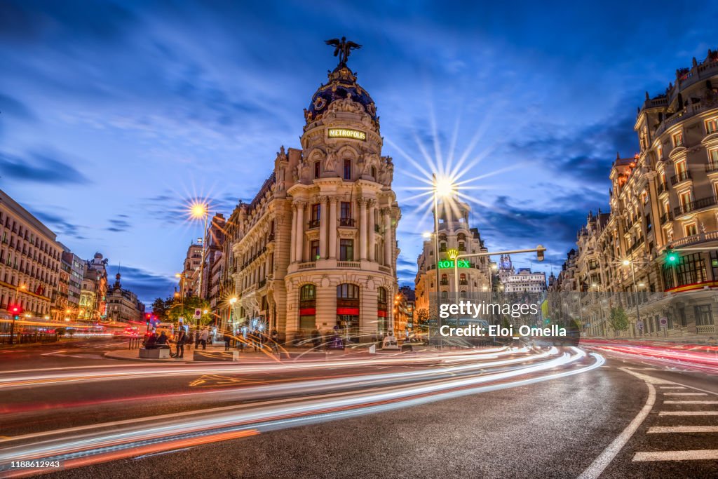 Gran via in Madrid at sunset with light trails. Spain