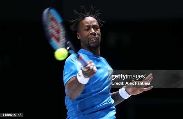 Gael Monfils of France plays a forehand during Day 2 of the 2019 Davis Cup at La Caja Magica on November 19, 2019 in Madrid, Spain.