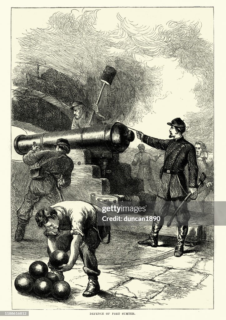 Defence Fort Sumter, American Civil war, Union soldiers firing cannon