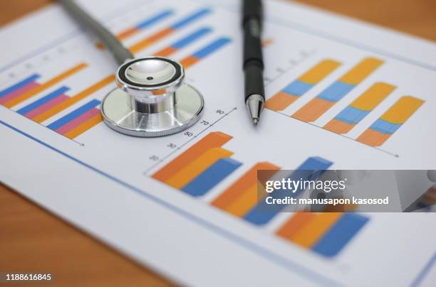 financial report chart and calculator medical report and stethoscope. - exam paper stock pictures, royalty-free photos & images