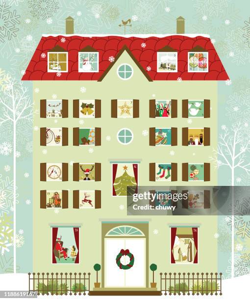 ilustraciones, imágenes clip art, dibujos animados e iconos de stock de calendario de advenimiento de la casa - casa navidad