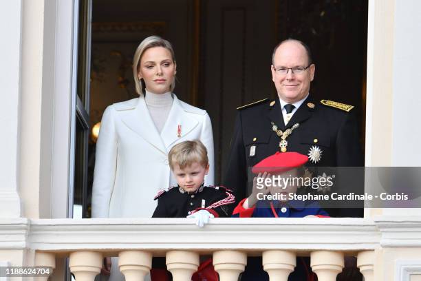 Princess Charlene of Monaco and Prince Albert II of Monaco with children Prince Jacques of Monaco and Princess Gabriella of Monaco pose at the Palace...
