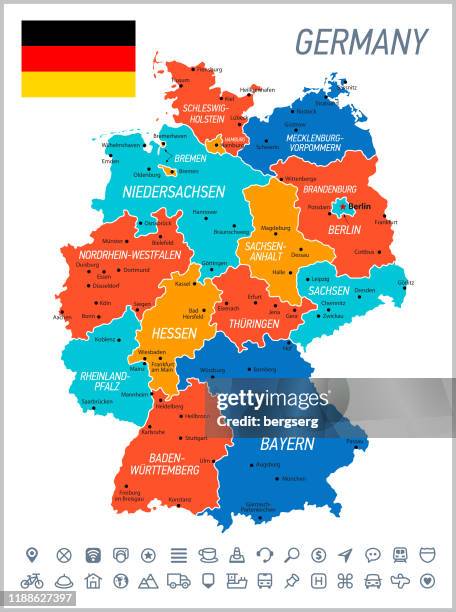 germany map. vector map with borders, national flag and navigation icons - stuttgart stock illustrations