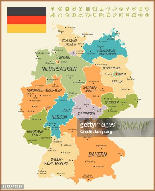 vintage map of germany. vector illustration with national flag and icons - frankfurt oder stock illustrations