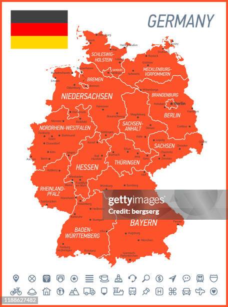 deutschland karte. vektorkarte mit nationalflagge und navigationssymbolen - nrw karte stock-grafiken, -clipart, -cartoons und -symbole