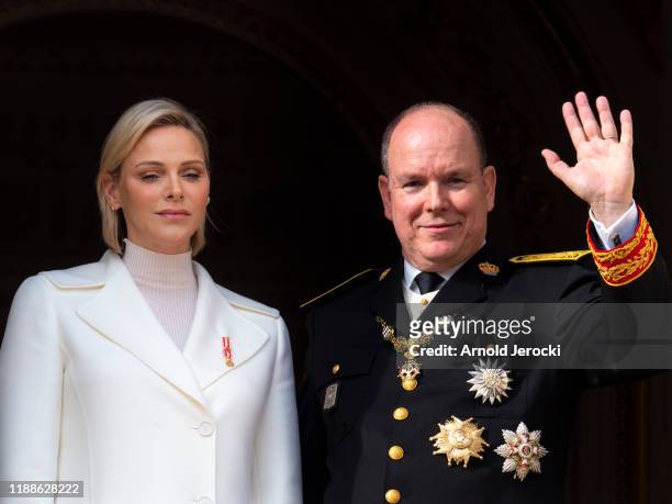 Prince Albert II of Monaco and Princess Charlene of Monaco arrive at the Monaco Cathedral during the Monaco National Day Celebrations on November 19,...