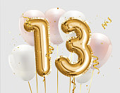 Happy 13th birthday gold foil balloon greeting background.