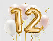 Happy 12th birthday gold foil balloon greeting background.