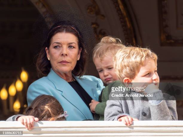 India Casiraghi and Princess Caroline of Hanover stand at the Palace balcony during the Monaco National Day Celebrations on November 19, 2019 in...