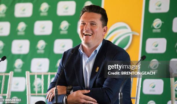 Graeme Smith, Cricket South Africa interim director of cricket and former Test captain, speaks during a press conference where it was announced Mark...