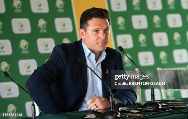 Graeme Smith, Cricket South Africa interim director of cricket and former Test captain, speaks during a press conference where it was announced Mark...