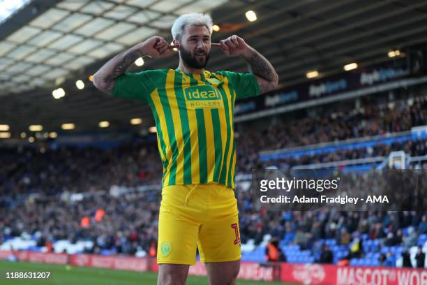 Charlie Austin of West Bromwich Albion celebrates after scoring a goal to make it 2-3 during the Sky Bet Championship match between Birmingham City...