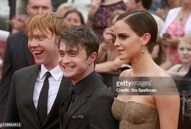 Actors Rupert Grint, Daniel Radcliffe and Emma Watson attend the premiere of "Harry Potter and the Deathly Hallows - Part 2" at Avery Fisher Hall,...