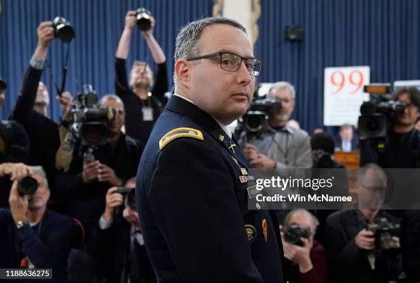 Lt. Col. Alexander Vindman, National Security Council Director for European Affairs, arrives to testify before the House Intelligence Committee in...