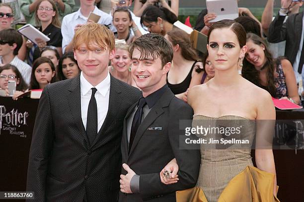 Actors Rupert Grint, Daniel Radcliffe and Emma Watson attends the premiere of "Harry Potter and the Deathly Hallows - Part 2" at Avery Fisher Hall,...