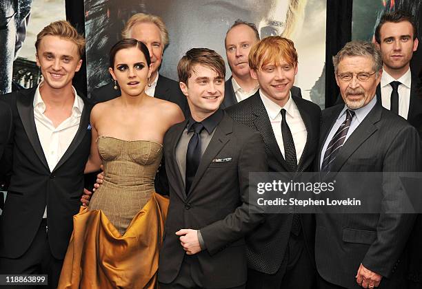 Tom Felton, Emma Watson, Alan Rickman, Daniel Radcliffe, David Yates, Rupert Grint, Barry M. Meyer and Matthew Lewis attend the New York premiere of...