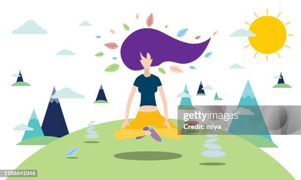 isolated meditation girl in nature - buddhism stock illustrations