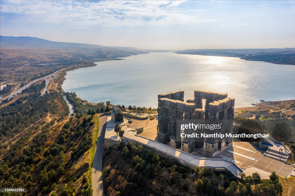 Aerial view of the Chronicle of Georgia by top view with the sunlight in the autumn season of Georgia