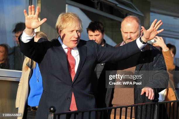 Prime Minister Boris Johnson gestures during a visit to meet newly elected Conservative party MP for Sedgefield, Paul Howell at Sedgefield Cricket...